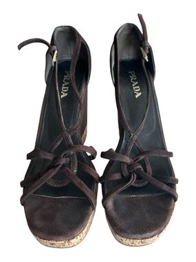 Vintage Prada Brown Suede Cork Wedge Sandals with Ankle Strap